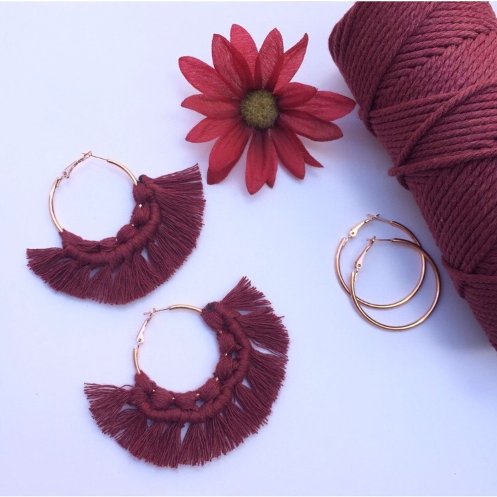 Handmade Macrame Maroon Tassel Hoop Earrings with Fringes - Women Jewelry